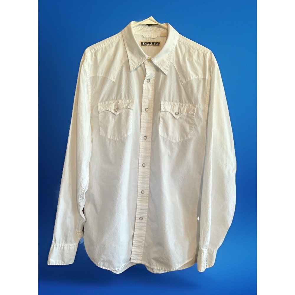 Express Snap Western Shirt Mens Medium Solid White Long Sleeve Cotton